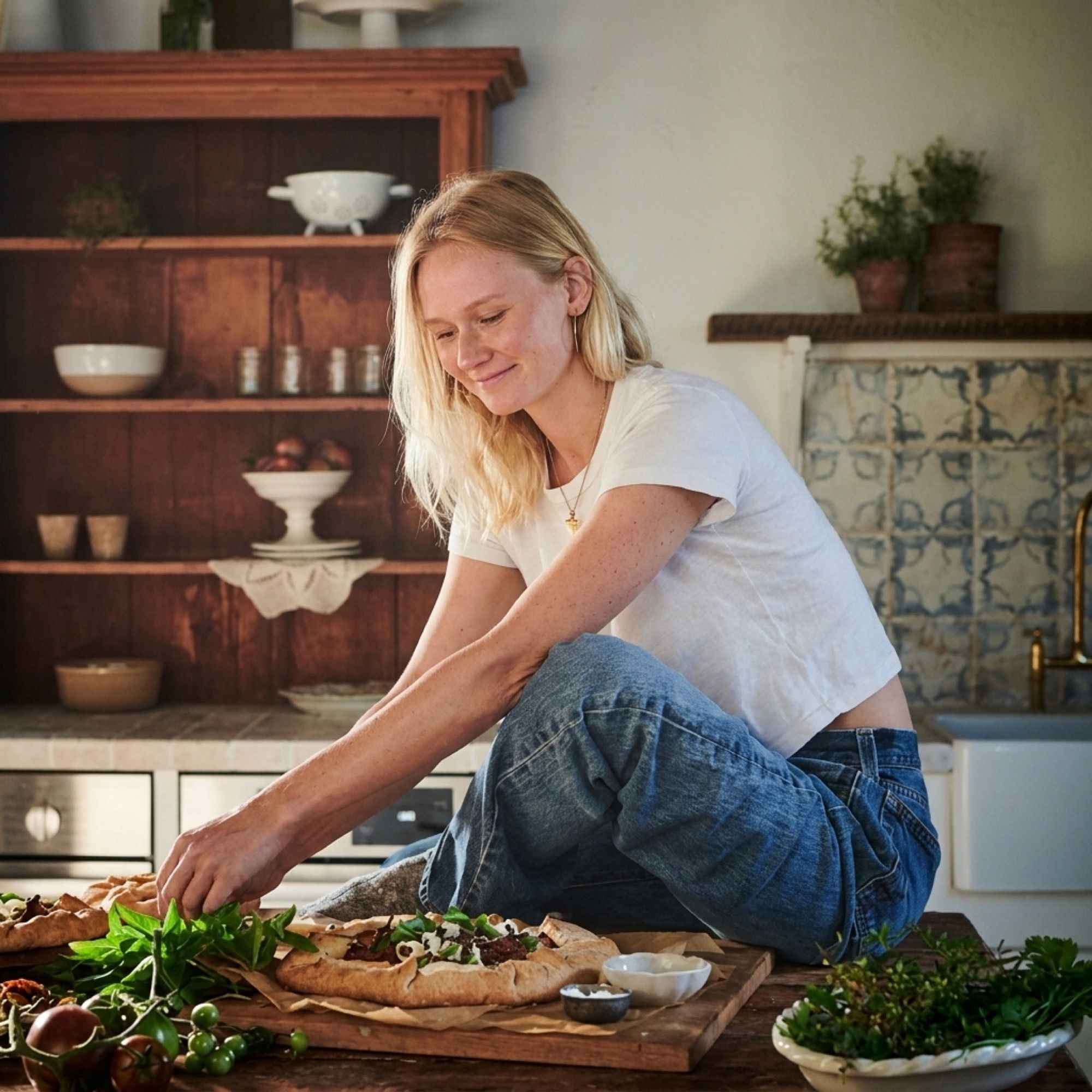 Alizé Foveau, assise sur un plan de travail, dispose des herbes sur des galettes.