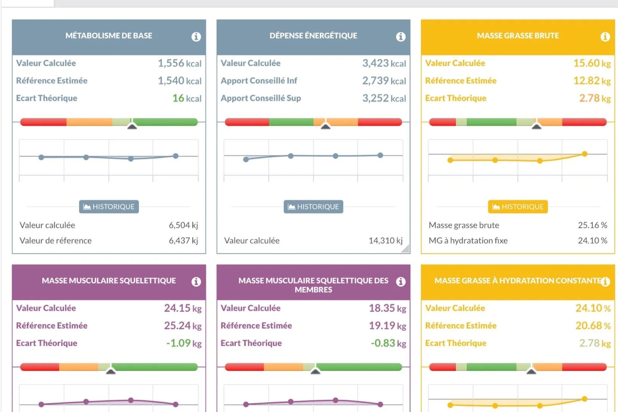 Capture du logiciel Biody : six cartes de résultats, métabolisme de base, dépense énergétique, masse grasse, masse musculaire squelettique, contenu minéral osseux et masse musculaire des membres, chacune avec sa valeur, sa référence et sa jauge de couleur.