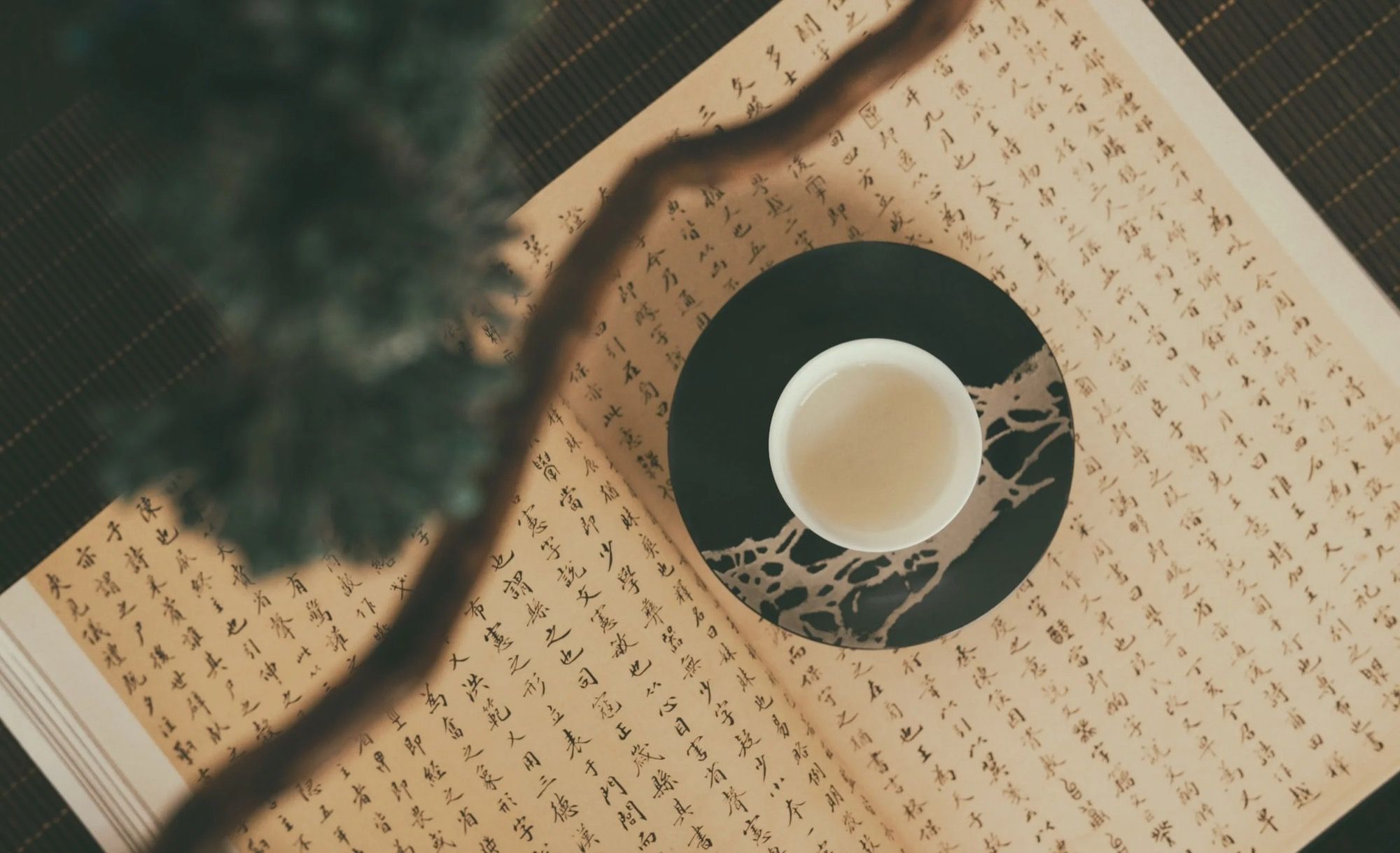 Un bol de thé blanc posé sur un livre ancien couvert de caractères chinois.