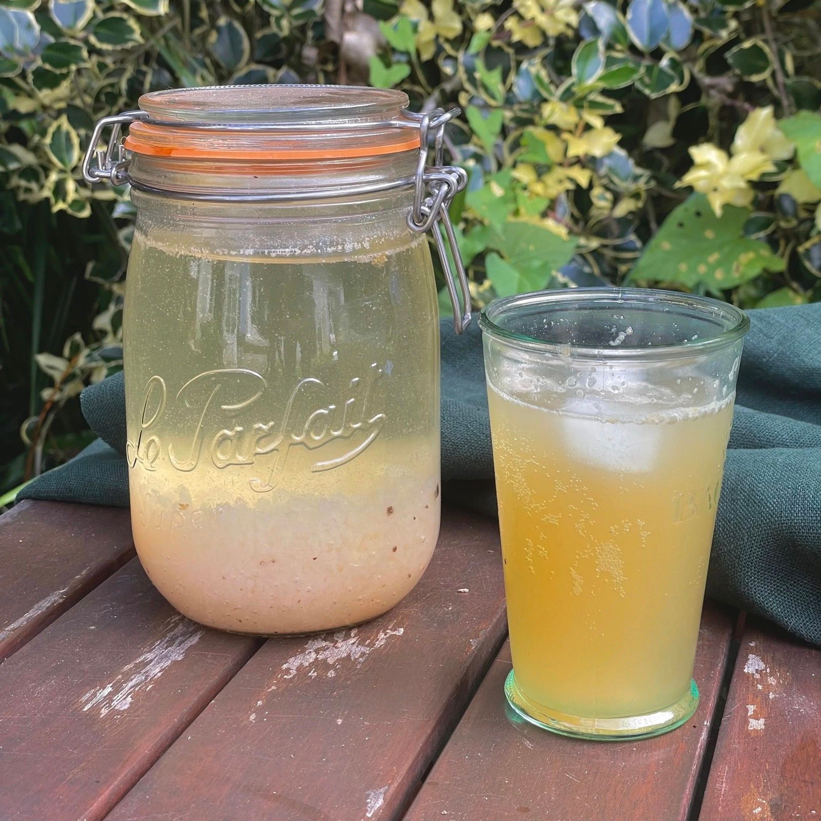 Un bocal de kéfir de fruits et un verre servi, sur une table de jardin.